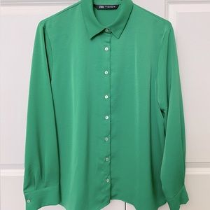 Zara Satin-Effect Long-Sleeve Button Down (Green)